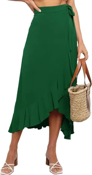Umenlele Women's Casual Tie waist Asymmetric Swing Ruffle Wrap Hem Flowy Mid Skirt