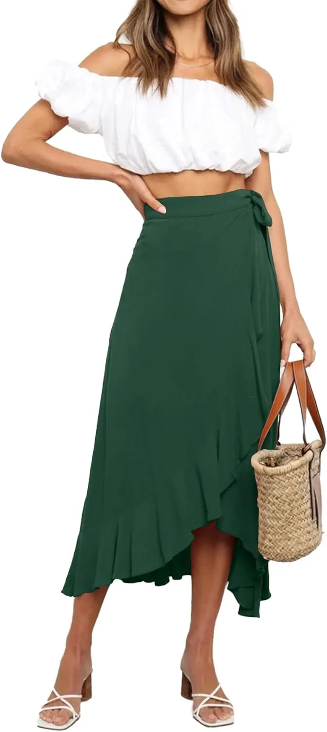 Umenlele Women's Casual Tie waist Asymmetric Swing Ruffle Wrap Hem Flowy Mid Skirt