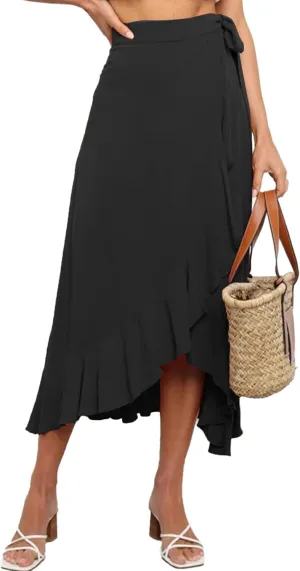 Umenlele Women's Casual Tie waist Asymmetric Swing Ruffle Wrap Hem Flowy Mid Skirt