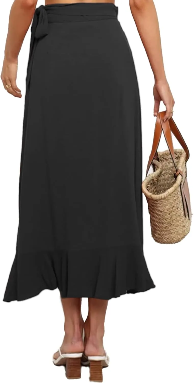 Umenlele Women's Casual Tie waist Asymmetric Swing Ruffle Wrap Hem Flowy Mid Skirt