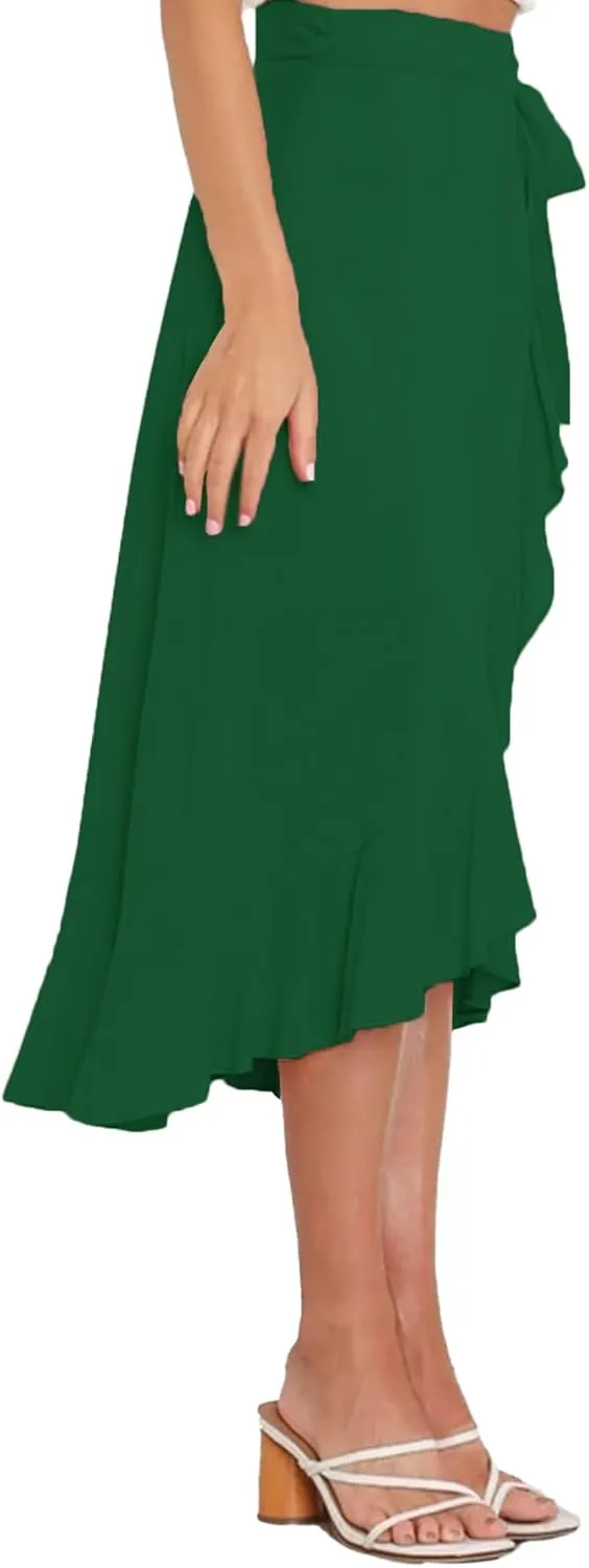 Umenlele Women's Casual Tie waist Asymmetric Swing Ruffle Wrap Hem Flowy Mid Skirt