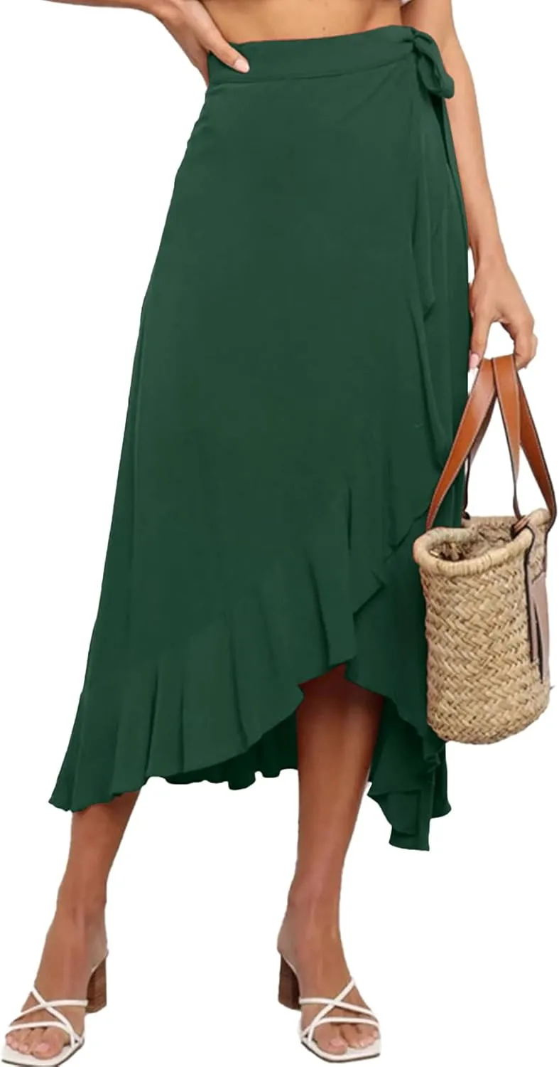 Umenlele Women's Casual Tie waist Asymmetric Swing Ruffle Wrap Hem Flowy Mid Skirt