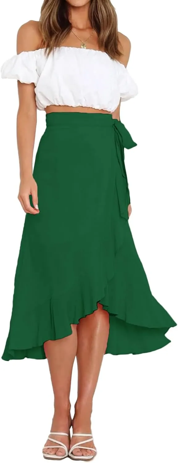Umenlele Women's Casual Tie waist Asymmetric Swing Ruffle Wrap Hem Flowy Mid Skirt