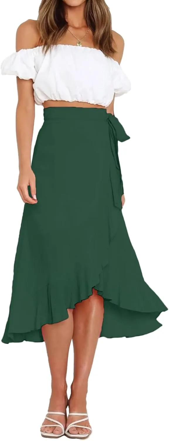 Umenlele Women's Casual Tie waist Asymmetric Swing Ruffle Wrap Hem Flowy Mid Skirt