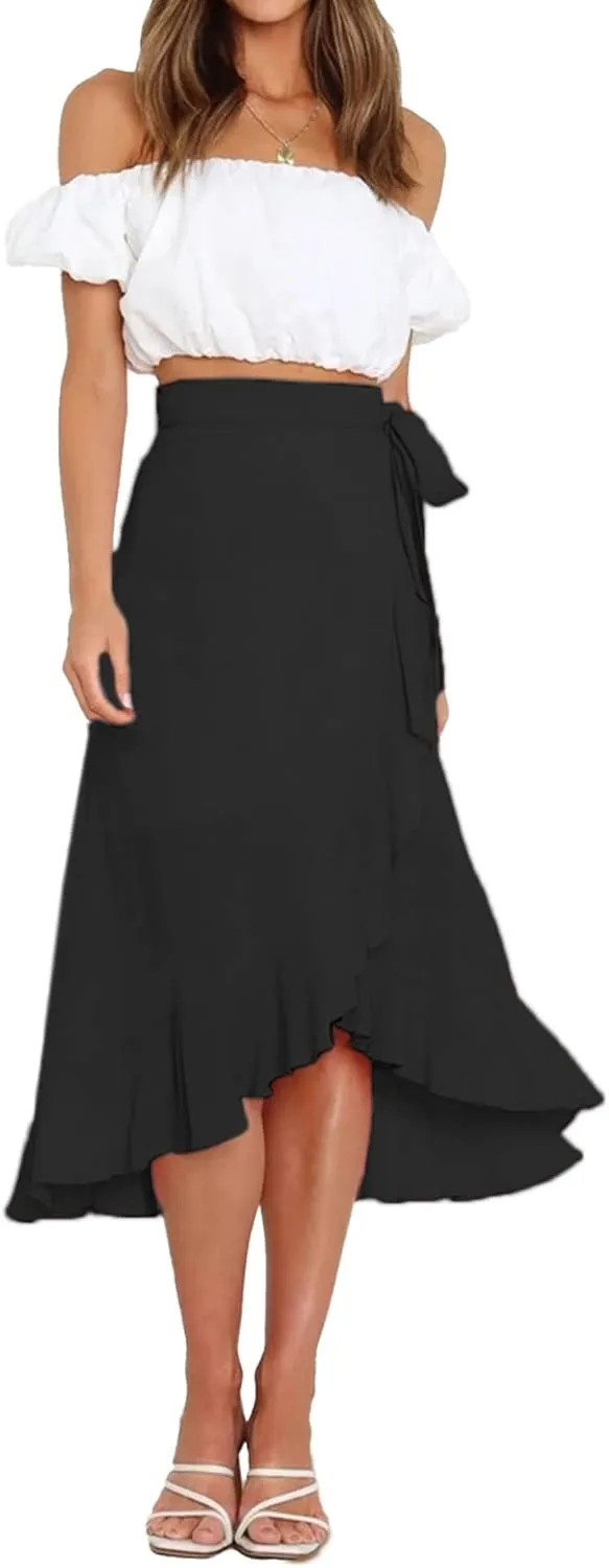 Umenlele Women's Casual Tie waist Asymmetric Swing Ruffle Wrap Hem Flowy Mid Skirt