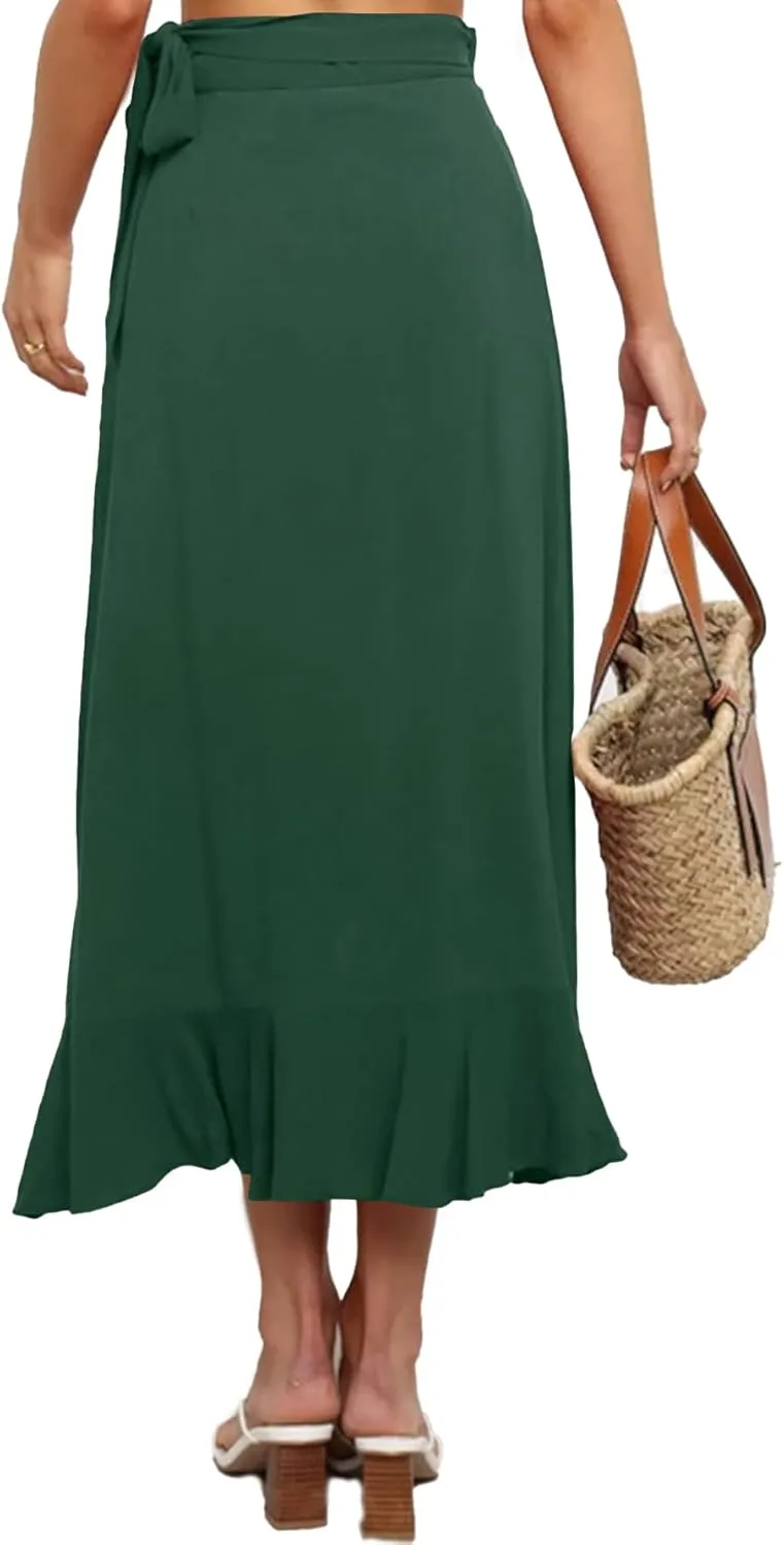 Umenlele Women's Casual Tie waist Asymmetric Swing Ruffle Wrap Hem Flowy Mid Skirt