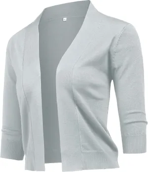 URRU Women's Classic 3/4 Sleeve Open Front Cropped Cardigan Sweater Lightweight Knit Short Shrugs
