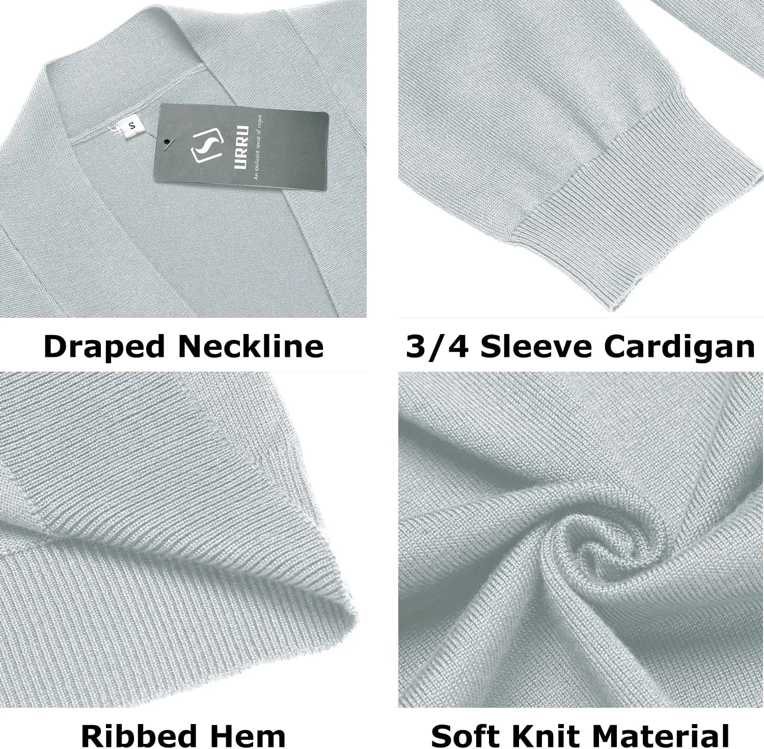 URRU Women's Classic 3/4 Sleeve Open Front Cropped Cardigan Sweater Lightweight Knit Short Shrugs