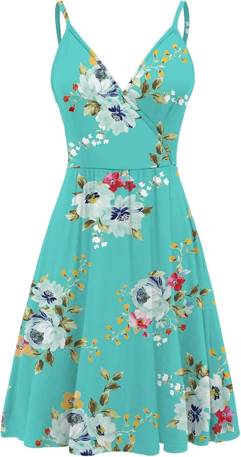 WEACZZY Women's 2025 Summer Dresses V Neck Spaghetti Strap Sundress Casual Beach Flowy Mini Dress with Pockets