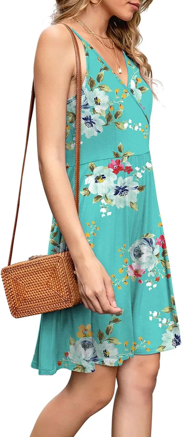 WEACZZY Women's 2025 Summer Dresses V Neck Spaghetti Strap Sundress Casual Beach Flowy Mini Dress with Pockets