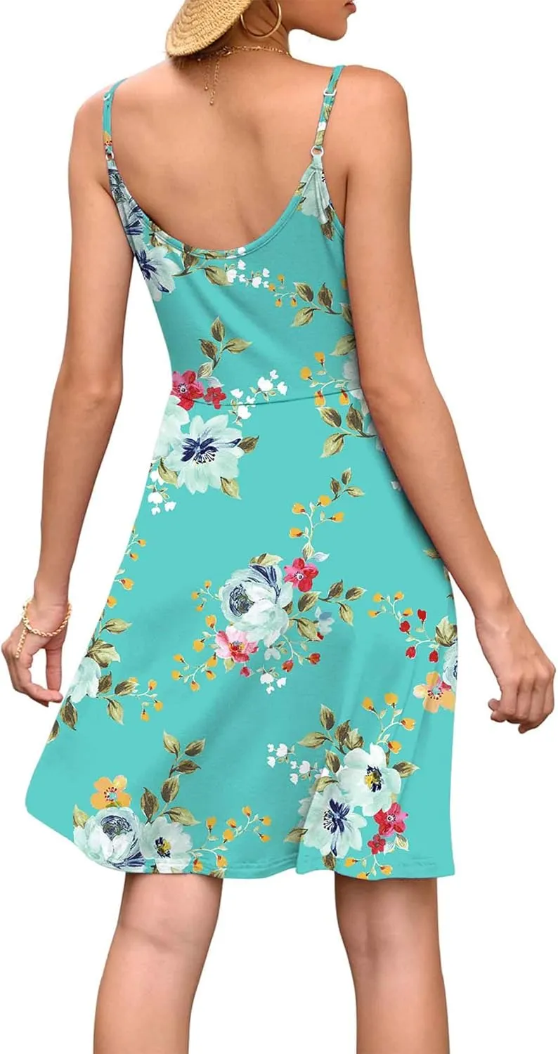 WEACZZY Women's 2025 Summer Dresses V Neck Spaghetti Strap Sundress Casual Beach Flowy Mini Dress with Pockets