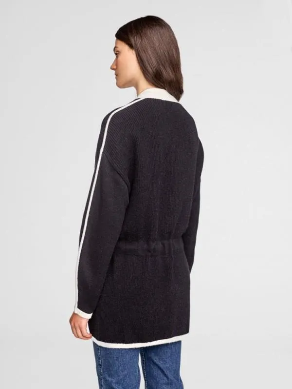 White   Warren - Cinched Waist Coatigan Black/Ivory