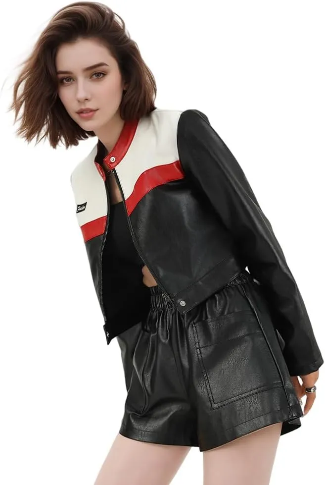 Women Faux Leather Jackets, Short Black Motorcycle Bomber Leather Coats, Fall Fashion Outfits Winter Clothes
