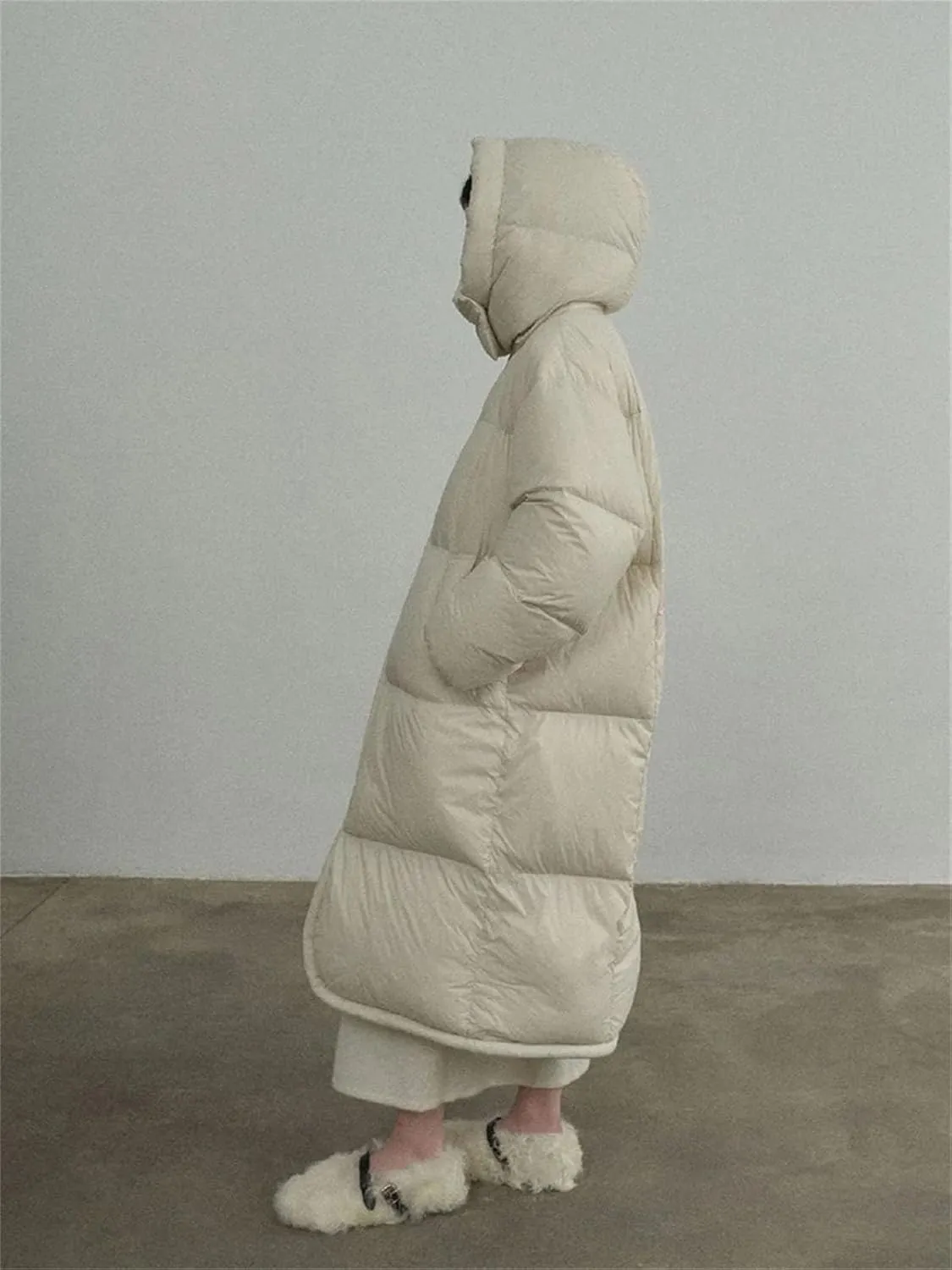Women Hooded Mid-Length Loose Parka Coat Classic Thick Over Knee Down Cotton-Padded Jacket