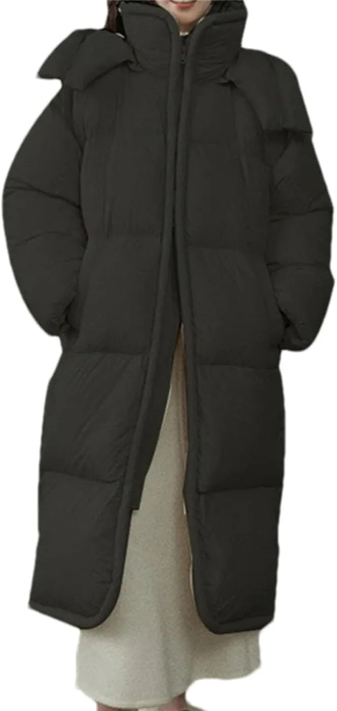 Women Hooded Mid-Length Loose Parka Coat Classic Thick Over Knee Down Cotton-Padded Jacket