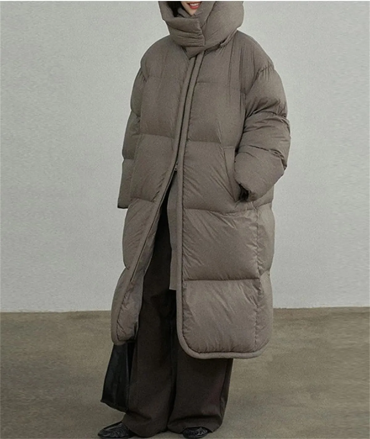 Women Hooded Mid-Length Loose Parka Coat Classic Thick Over Knee Down Cotton-Padded Jacket