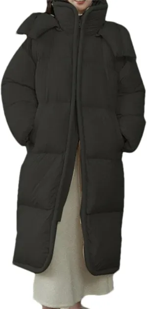 Women Hooded Mid-Length Loose Parka Coat Classic Thick Over Knee Down Cotton-Padded Jacket