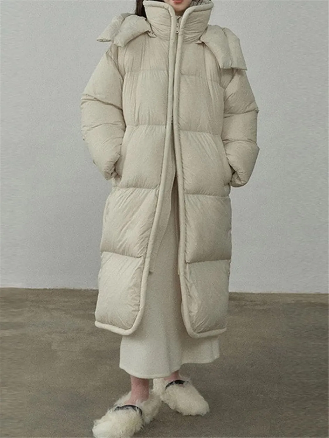 Women Hooded Mid-Length Loose Parka Coat Classic Thick Over Knee Down Cotton-Padded Jacket