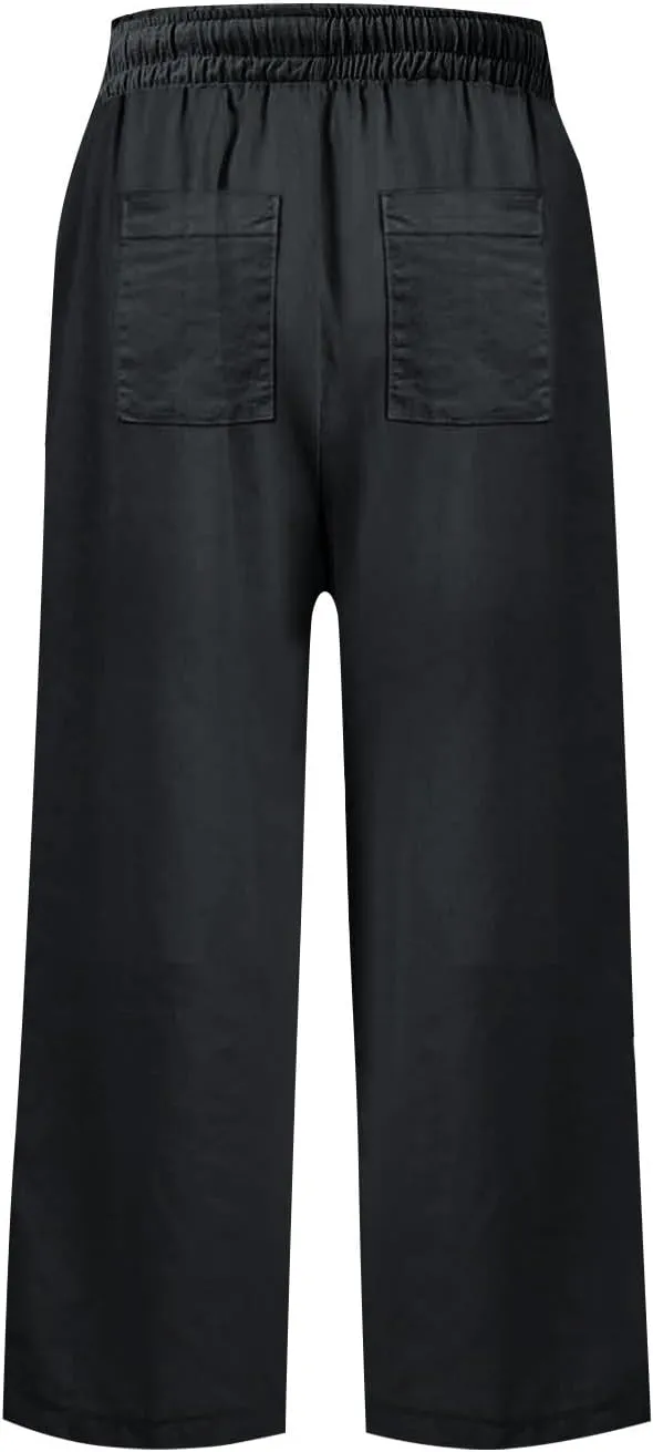 Women Linen Pants Beach Plus Size Blend Drawstring Pant Relaxed Fit Wide Leg Pants Casual Gauze Pant with Pockets