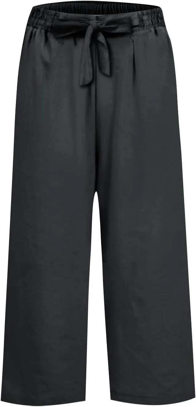 Women Linen Pants Beach Plus Size Blend Drawstring Pant Relaxed Fit Wide Leg Pants Casual Gauze Pant with Pockets