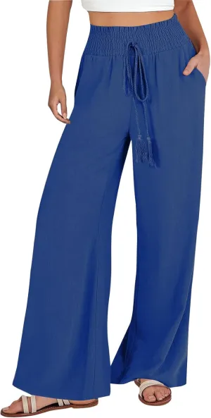 Women Linen Pants Palazzo Dressy Wide Leg Pants Summer Boho Linen Pant Flowy Beach Trousers with Pockets Resort Wear