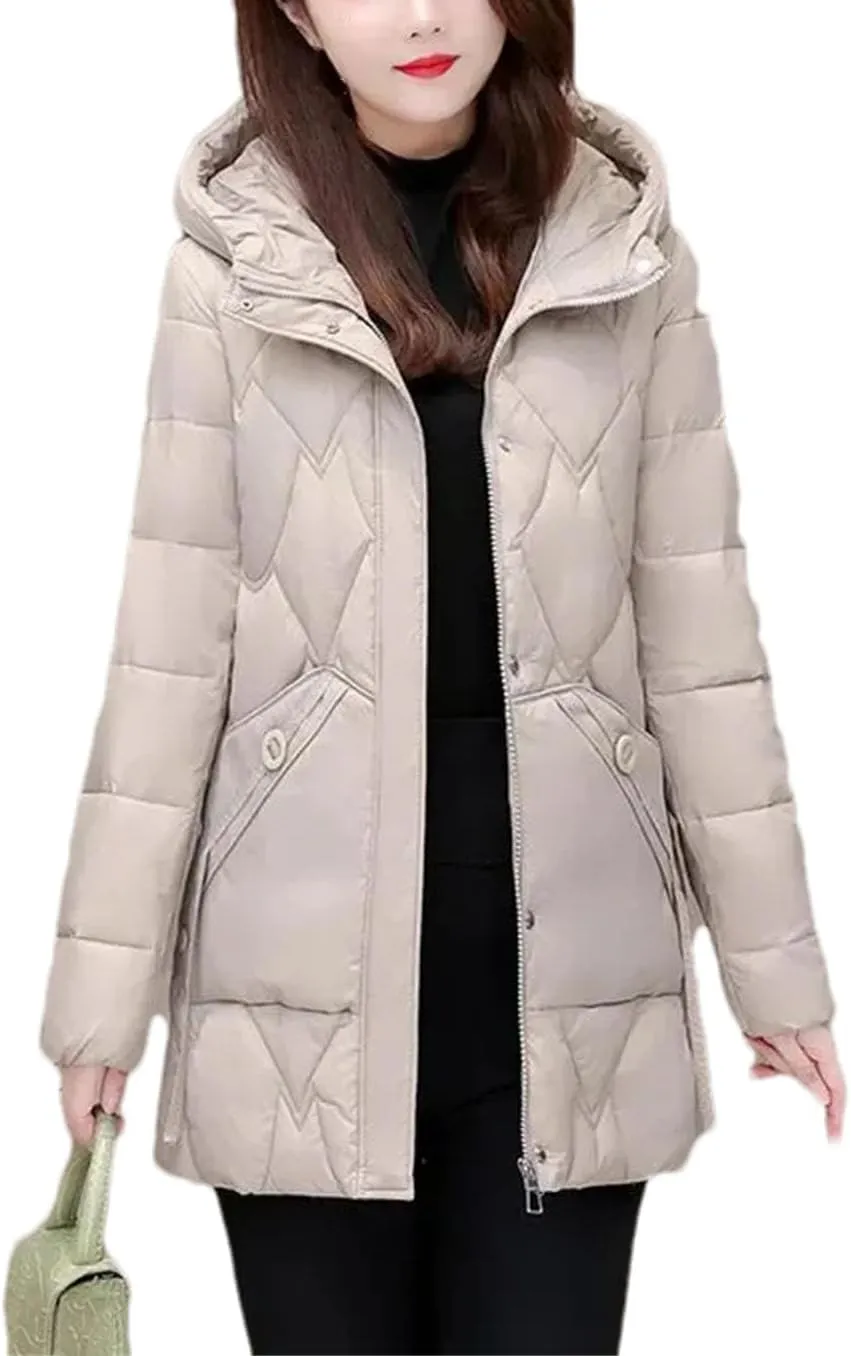 Women Medium Hooded Zipper Cotton-Padded Jacket Classic Spliced Pockets Parka Coat