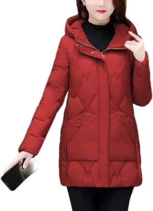 Women Medium Hooded Zipper Cotton-Padded Jacket Classic Spliced Pockets Parka Coat