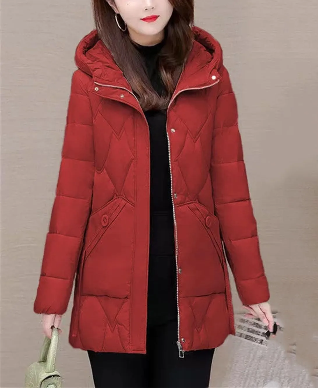 Women Medium Hooded Zipper Cotton-Padded Jacket Classic Spliced Pockets Parka Coat