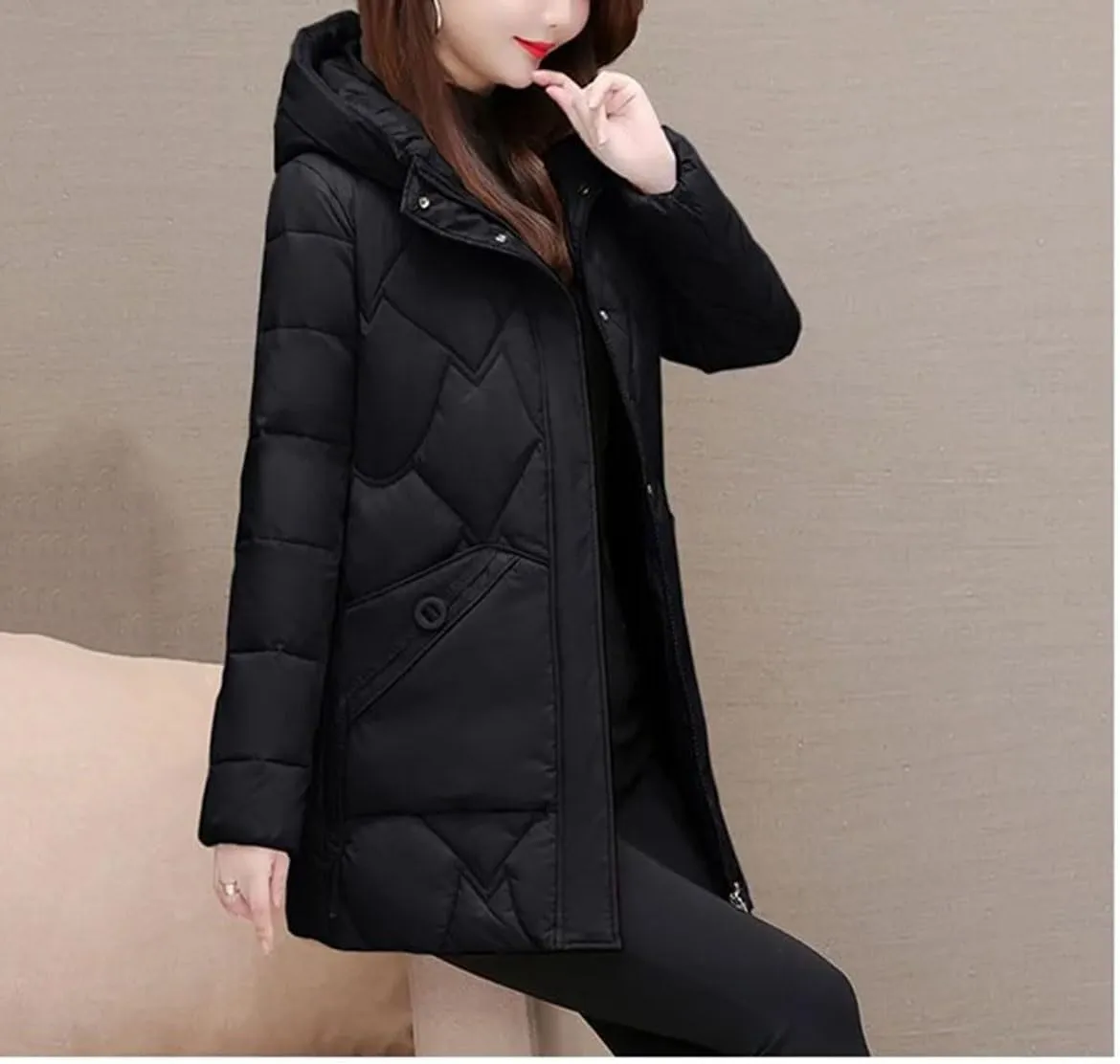 Women Medium Hooded Zipper Cotton-Padded Jacket Classic Spliced Pockets Parka Coat