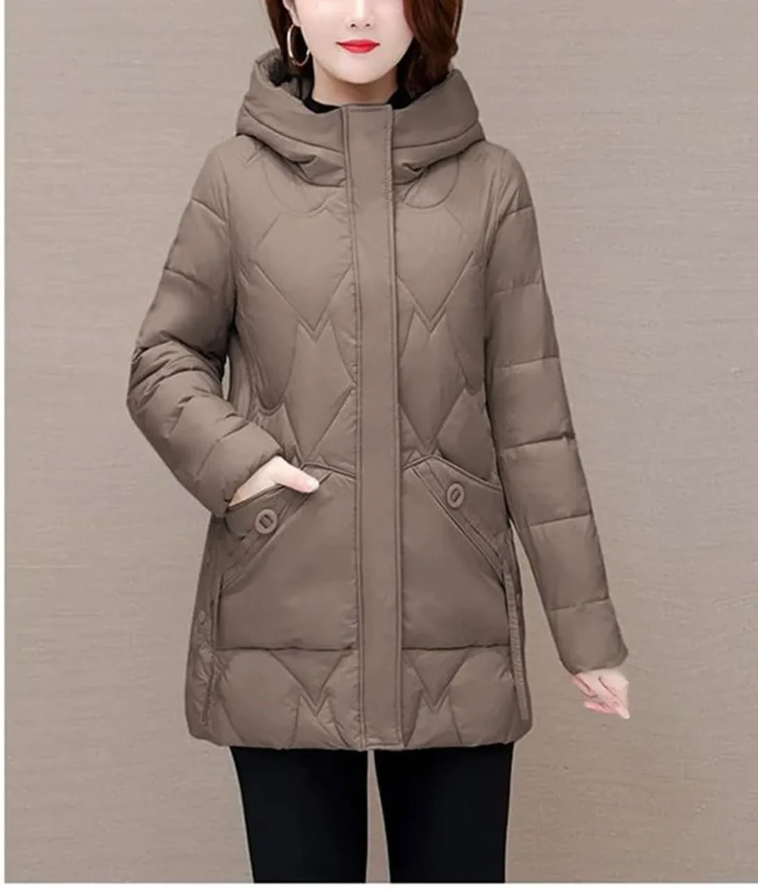 Women Medium Hooded Zipper Cotton-Padded Jacket Classic Spliced Pockets Parka Coat