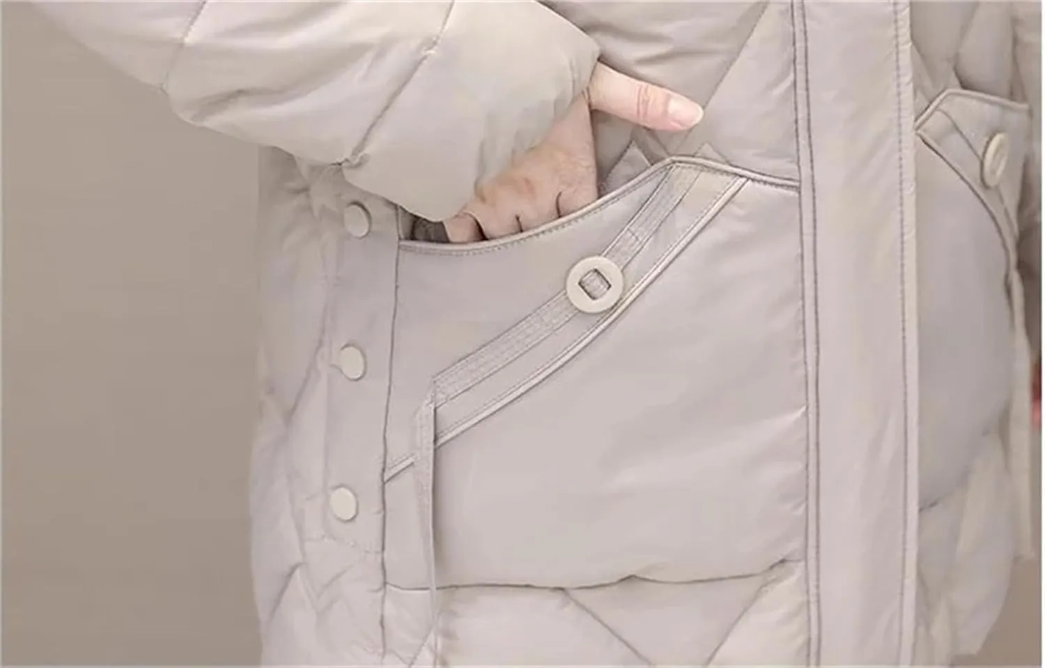 Women Medium Hooded Zipper Cotton-Padded Jacket Classic Spliced Pockets Parka Coat