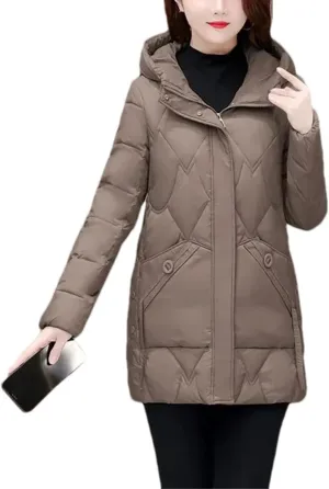 Women Medium Hooded Zipper Cotton-Padded Jacket Classic Spliced Pockets Parka Coat