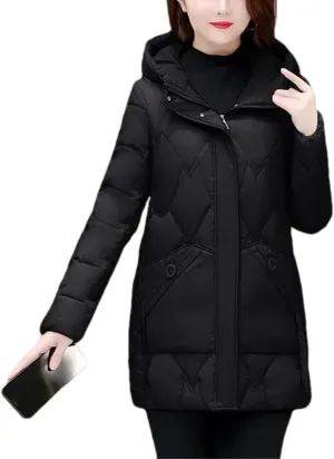Women Medium Hooded Zipper Cotton-Padded Jacket Classic Spliced Pockets Parka Coat