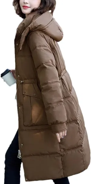 Women Mid-Length Hooded Parka Coat Classic Over-The-Knee Drawstring Waist Cotton-Padded Jacket