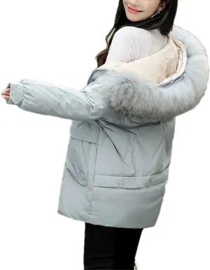 Women Plush Hooded Mid-Length Cotton-Padded Jacket Classic Zipper Spliced Pockets Parka Coat