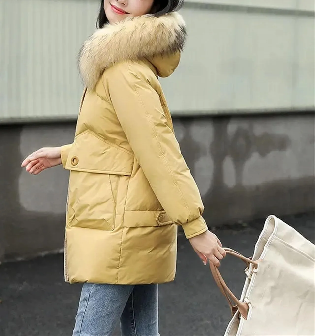 Women Plush Hooded Mid-Length Cotton-Padded Jacket Classic Zipper Spliced Pockets Parka Coat