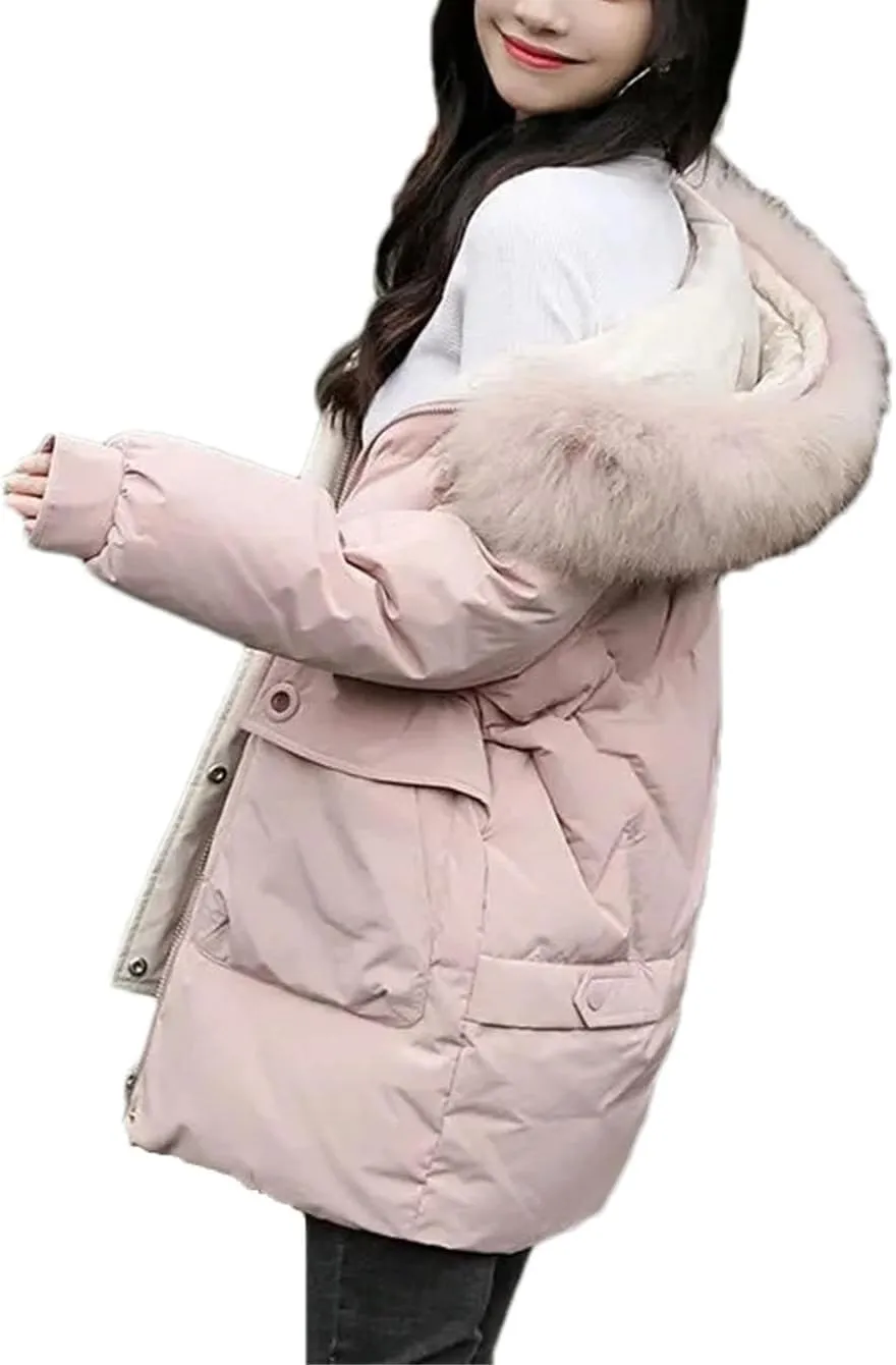 Women Plush Hooded Mid-Length Cotton-Padded Jacket Classic Zipper Spliced Pockets Parka Coat