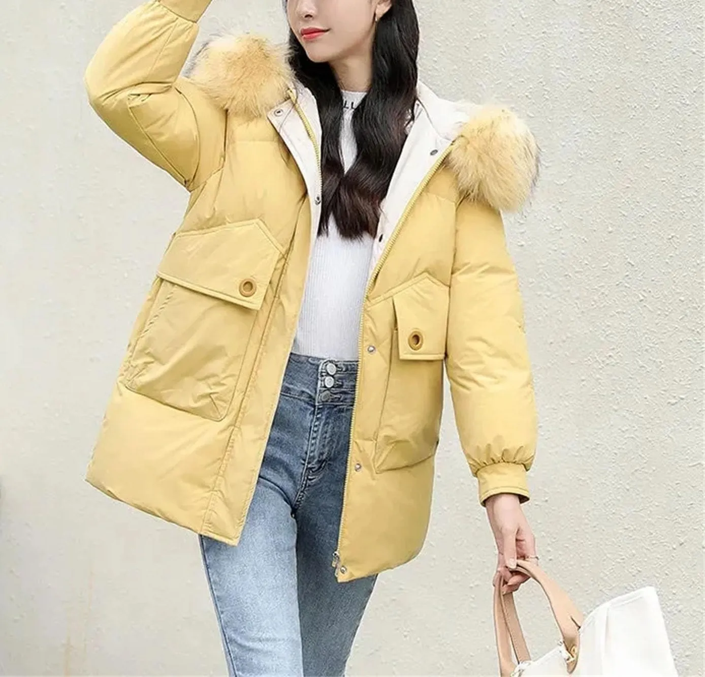 Women Plush Hooded Mid-Length Cotton-Padded Jacket Classic Zipper Spliced Pockets Parka Coat