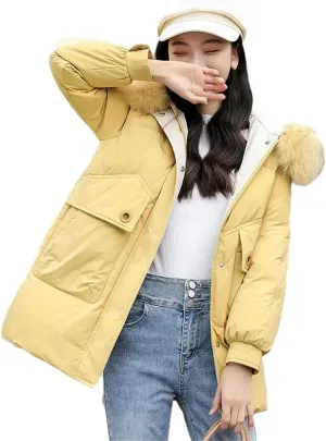 Women Plush Hooded Mid-Length Cotton-Padded Jacket Classic Zipper Spliced Pockets Parka Coat