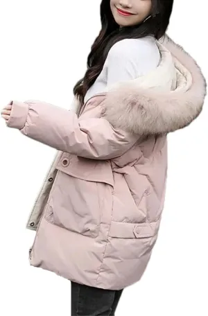 Women Plush Hooded Mid-Length Cotton-Padded Jacket Classic Zipper Spliced Pockets Parka Coat