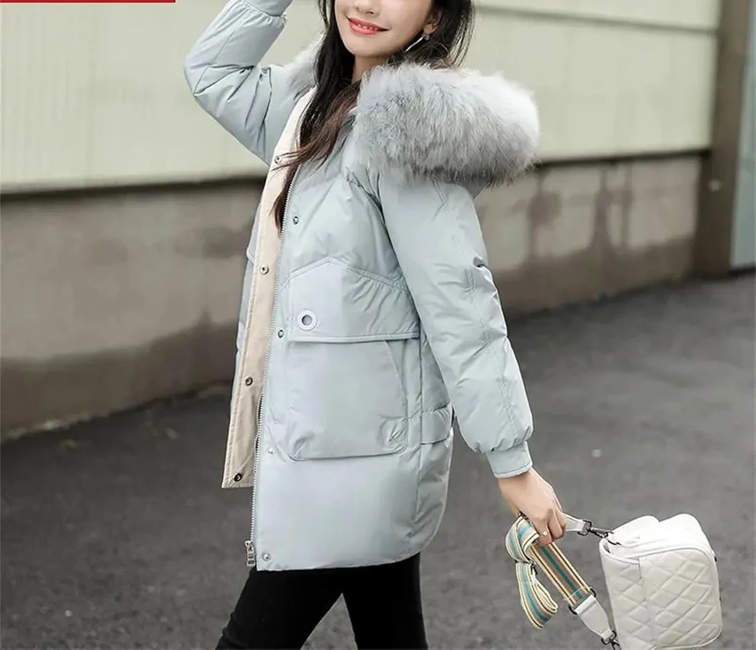 Women Plush Hooded Mid-Length Cotton-Padded Jacket Classic Zipper Spliced Pockets Parka Coat