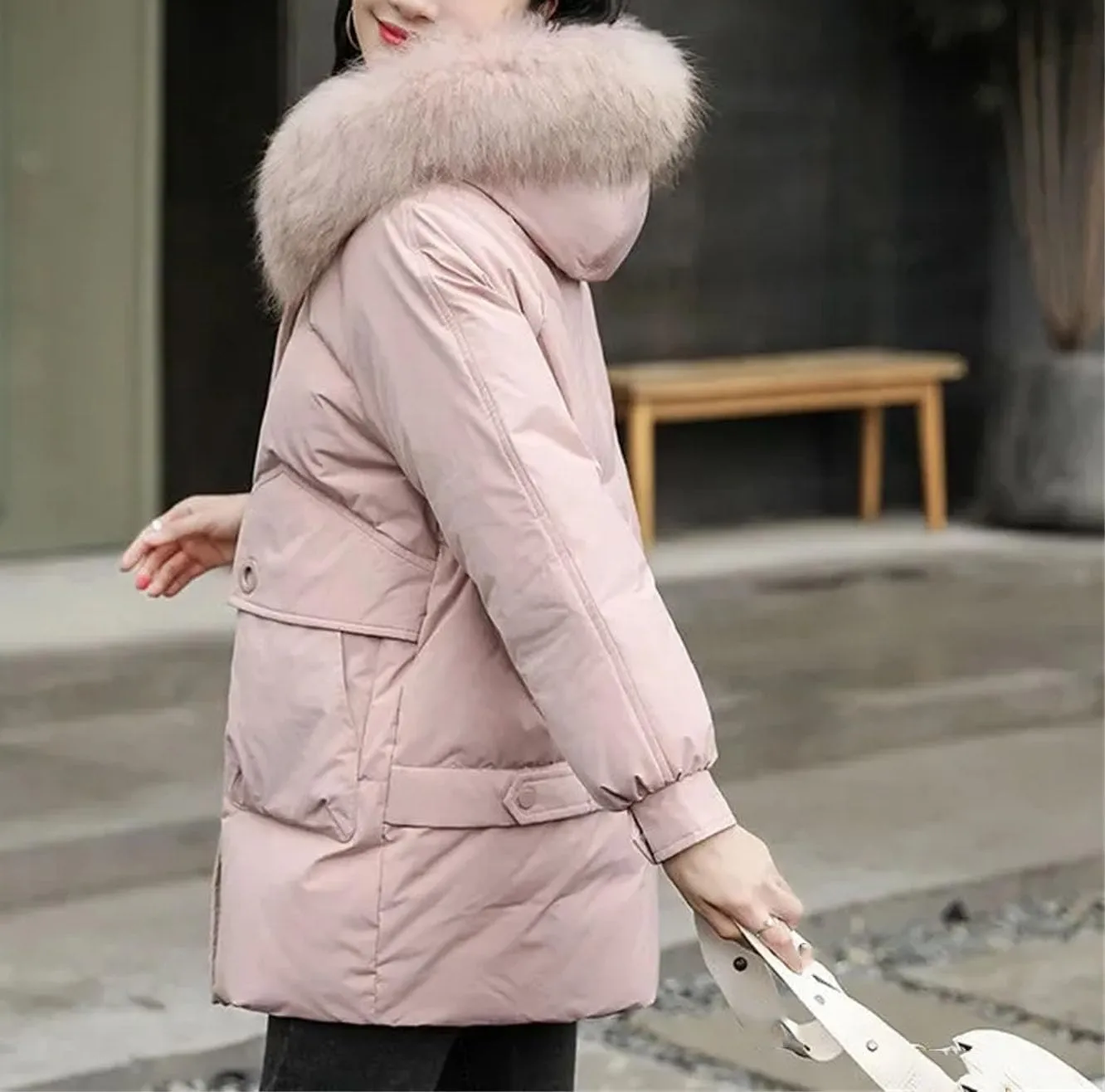 Women Plush Hooded Mid-Length Cotton-Padded Jacket Classic Zipper Spliced Pockets Parka Coat
