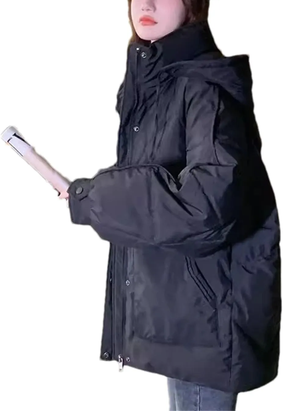 Women Short Loose Solid Cotton-Padded Jacket Classic Hooded Stand Collar Parka Coat
