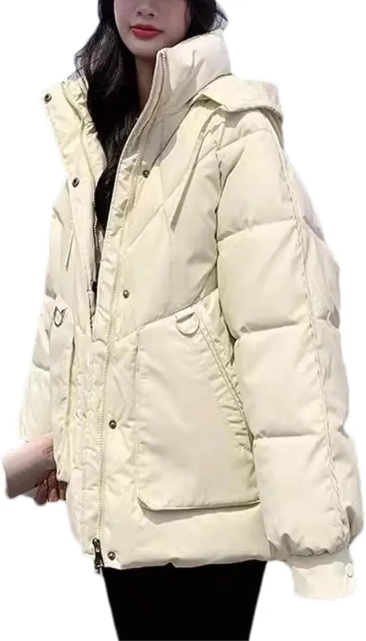 Women Short Loose Solid Cotton-Padded Jacket Classic Hooded Stand Collar Parka Coat