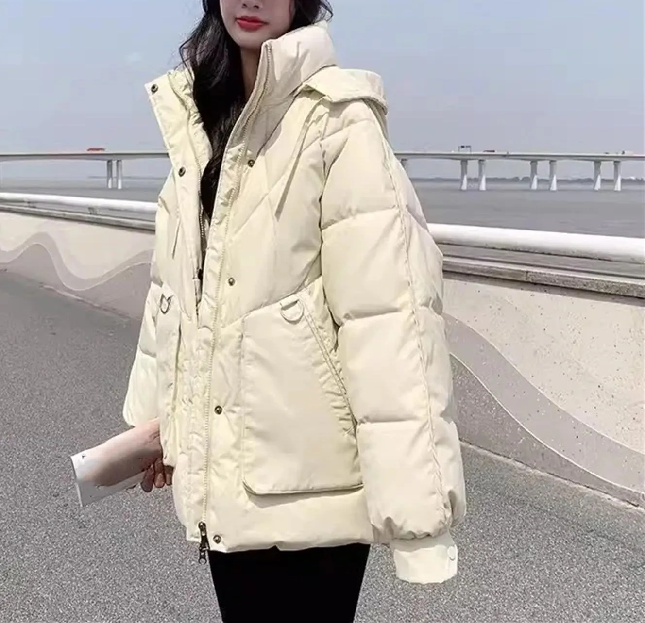 Women Short Loose Solid Cotton-Padded Jacket Classic Hooded Stand Collar Parka Coat