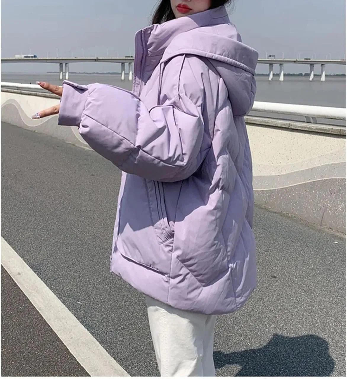Women Short Loose Solid Cotton-Padded Jacket Classic Hooded Stand Collar Parka Coat