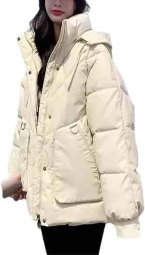 Women Short Loose Solid Cotton-Padded Jacket Classic Hooded Stand Collar Parka Coat