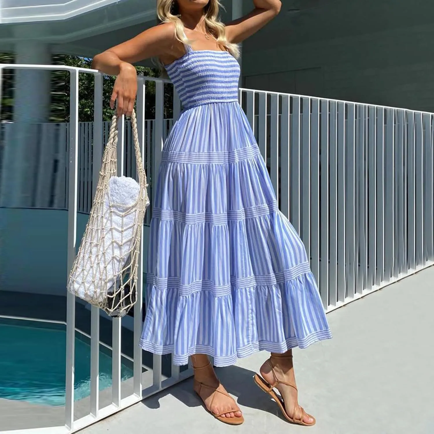 Women Striped Print Maxi Dress Spaghetti Strap Flowy Tiered Dress Sleeveless Casual Summer Sundress