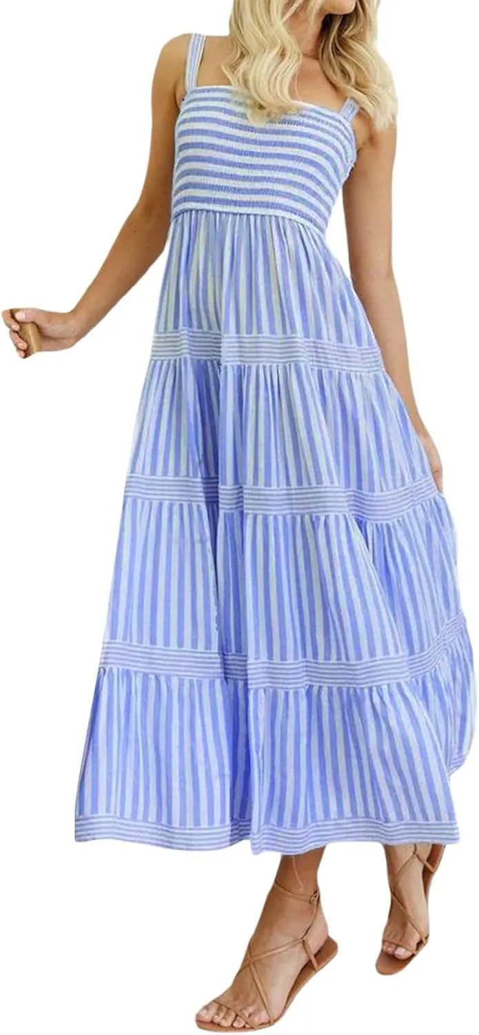 Women Striped Print Maxi Dress Spaghetti Strap Flowy Tiered Dress Sleeveless Casual Summer Sundress