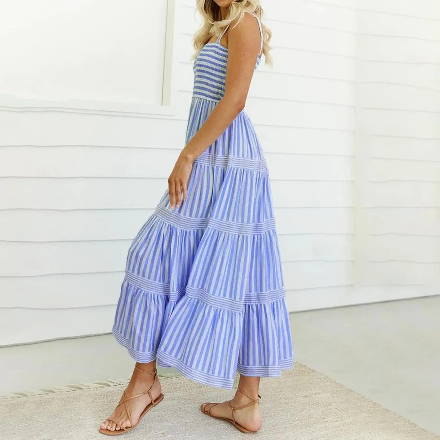 Women Striped Print Maxi Dress Spaghetti Strap Flowy Tiered Dress Sleeveless Casual Summer Sundress